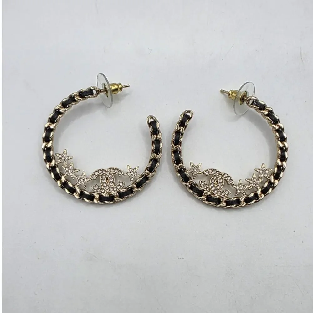 Chanel Gold-tone 2023 Strass Leather Interlocking CC Hoop Earrings